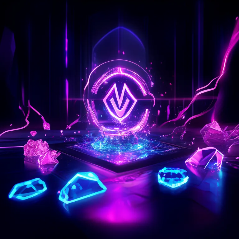 A floating holographic Unity logo pulses with neon purple energy above a dark reflective desk, surrounded by glowing blue…