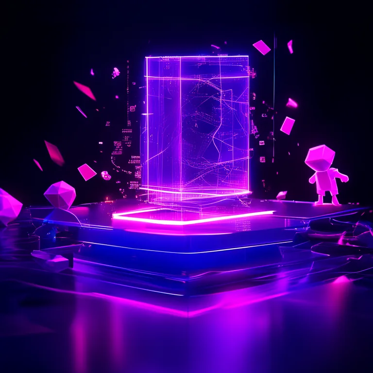 A futuristic 3D game studio logo floats above a dark reflective desk, its neon-purple wireframe pulsing with blue rim light…