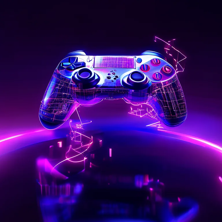 A luminous 3D game controller and pixelated code blocks float above a dark reflective surface, bathed in neon purple and…