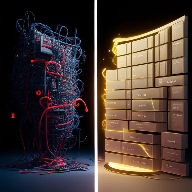A split-screen comparison in a dark game development environment: on the left, a chaotic, tangled Unity Hierarchy panel with…