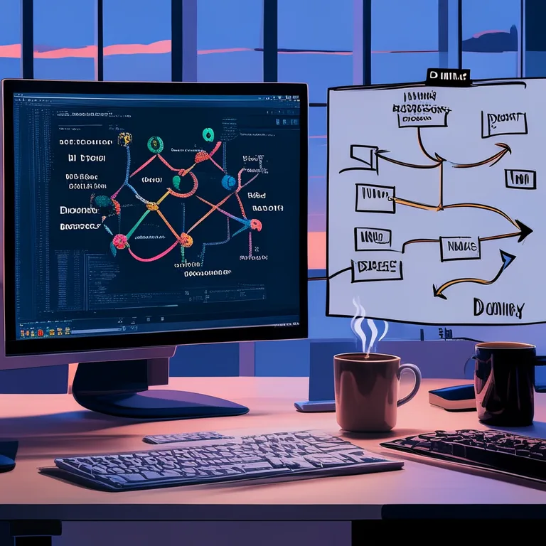 A clean, modern developer workspace at dusk, featuring a large monitor displaying Unity's dark-mode IDE with a complex…
