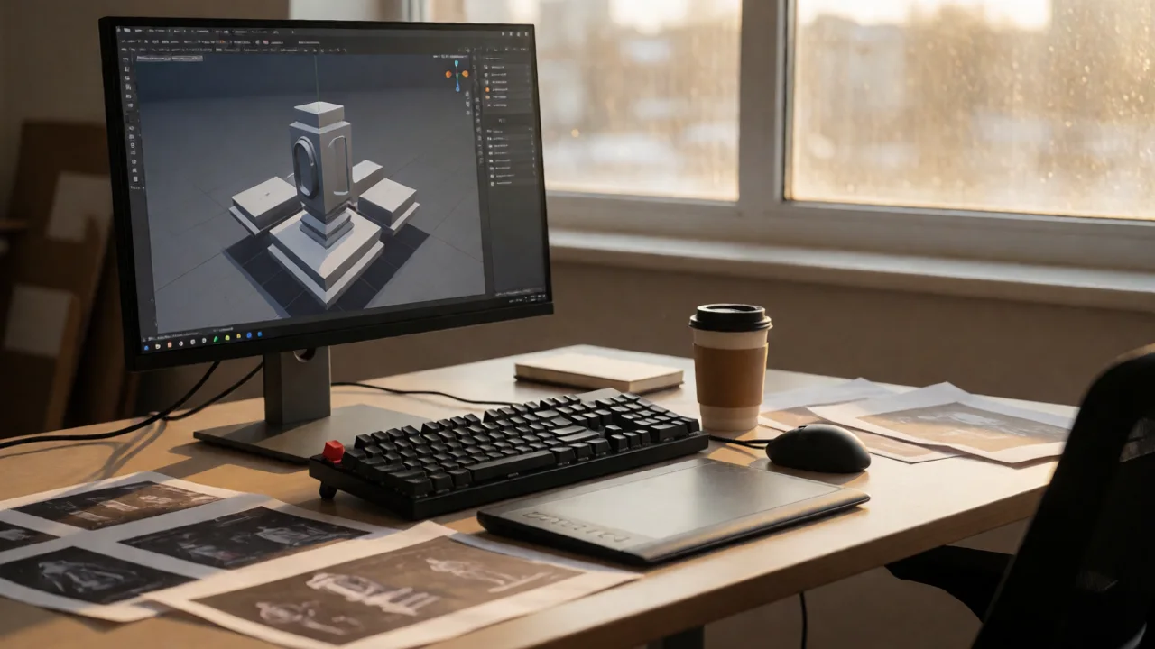 A clean, modern developer workspace at dusk, featuring a large monitor displaying Unity's dark-mode IDE with a complex…
