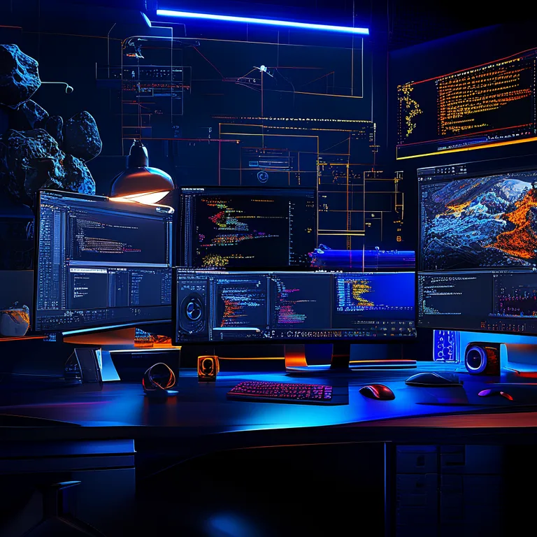 A sleek, modern game development workspace with dual monitors displaying the Unity Editor interface, surrounded by…