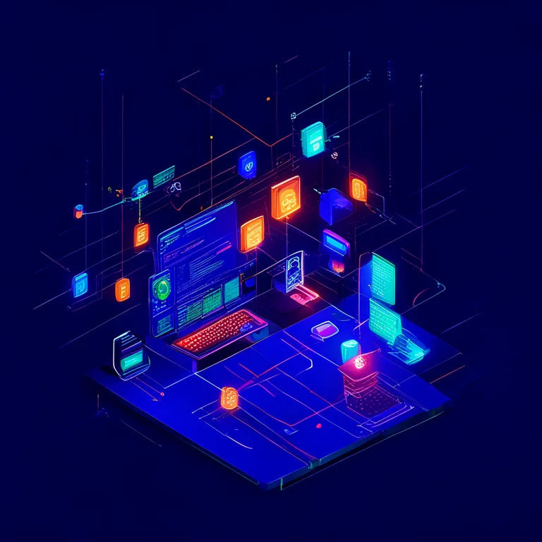 A clean, isometric view of a developer's workspace showing a glowing holographic Unity interface with ScriptableObject nodes…