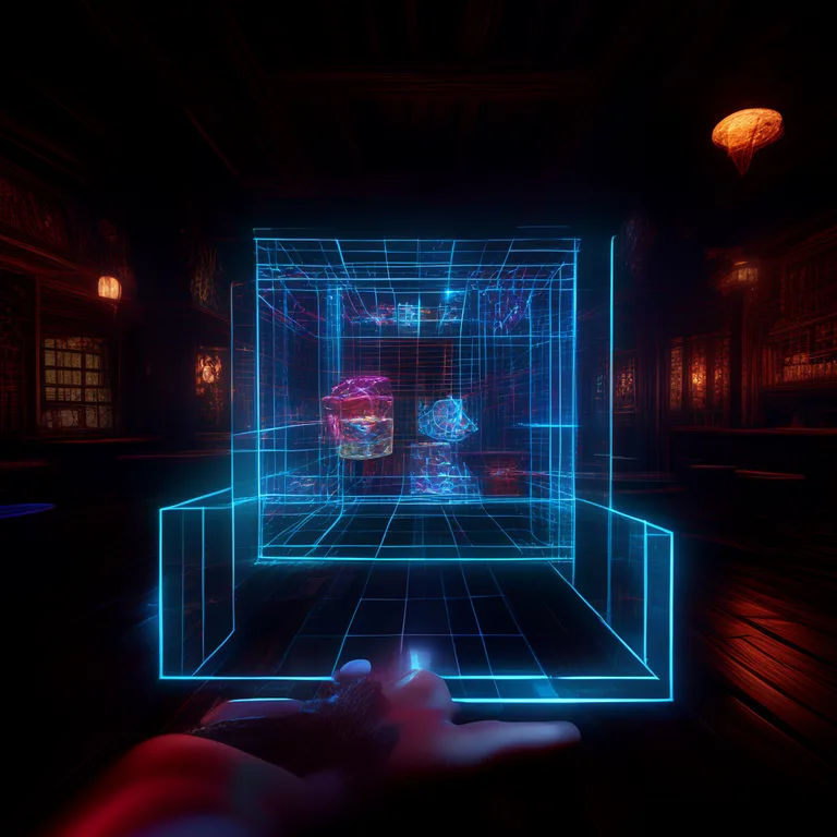 A first-person VR perspective showing a player's hand reaching into a holographic inventory grid; items are rendered with…