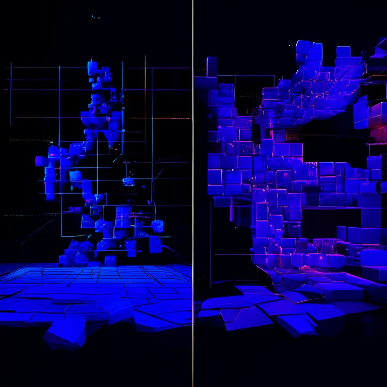 A split-screen view of the Unity Editor interface, with a glowing node-based procedural generation graph of connected blue…