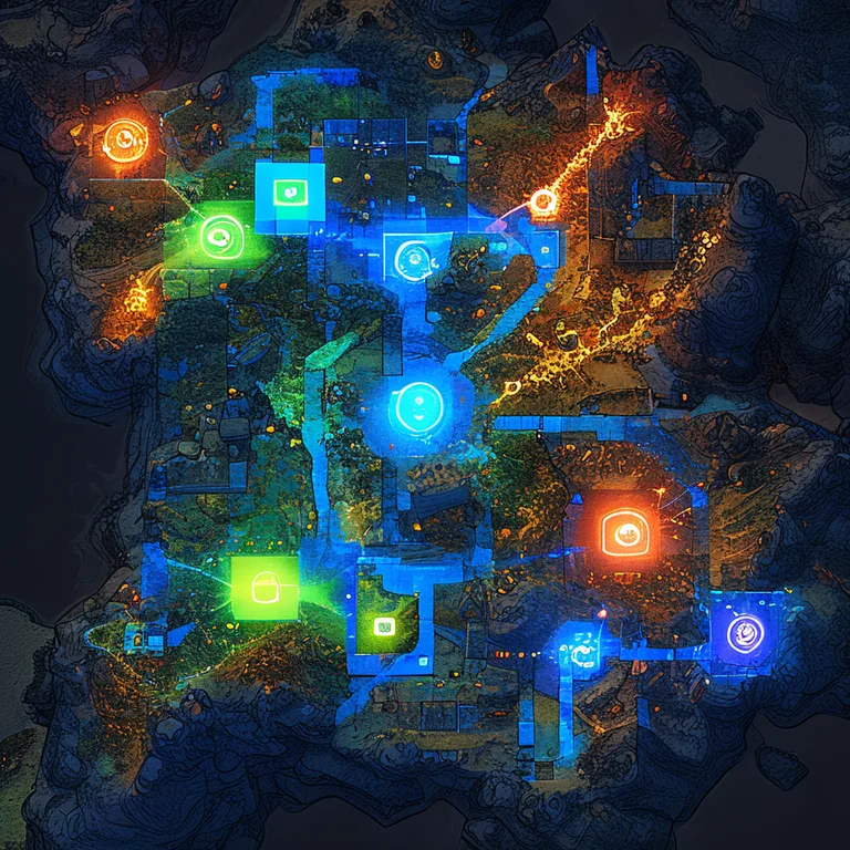 A top-down RTS game view of a procedurally generated terrain map, with blue selection rectangles around grouped units and a…