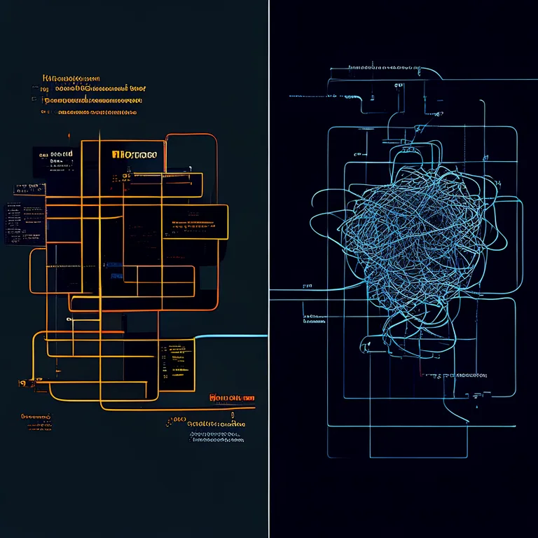 A split-screen technical blueprint diagram on a dark grey background: the left half shows a modular Unity project…