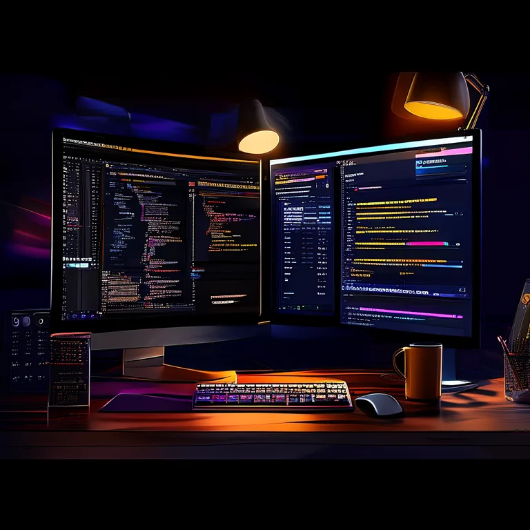A developer's desk workspace lit by a warm desk lamp, with dual monitors: the left screen shows the Unity Editor displaying…