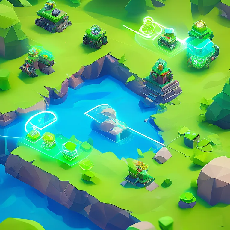 An isometric view of a stylized low-poly RTS game scene with vibrant green grass and blue water, where several units are…