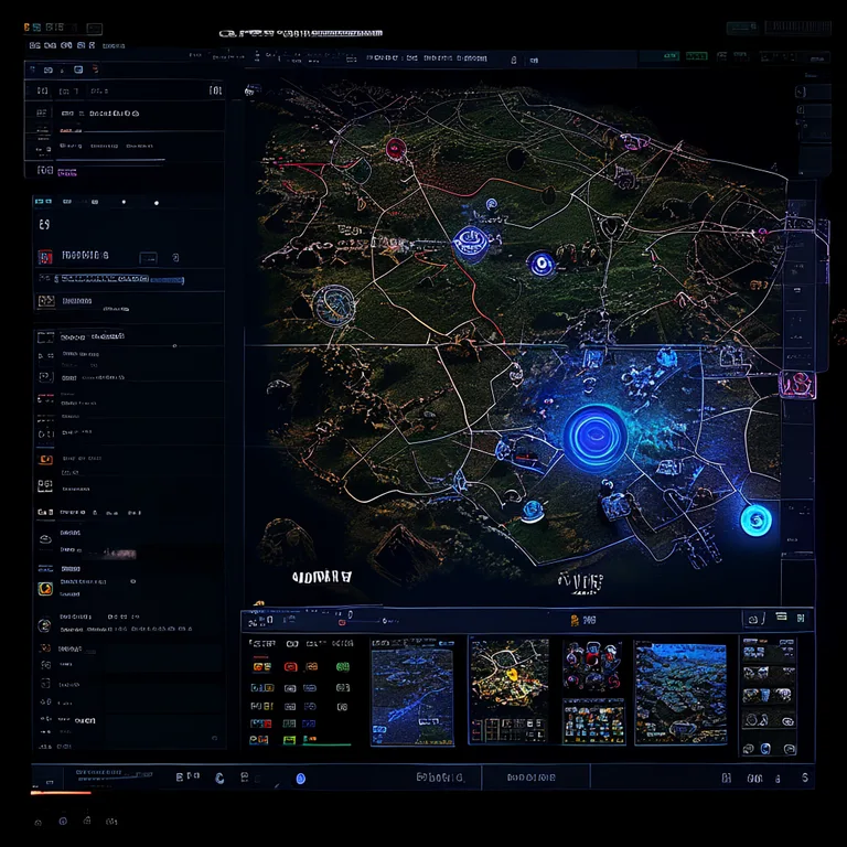 A top-down screenshot-style view of the Unity Editor interface showing a sprawling RTS battlefield with multiple unit types…