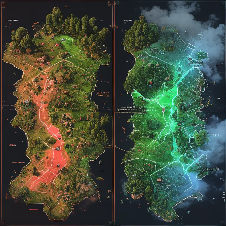 A split-screen comparison of a procedurally generated RTS map, with the left half showing biome blending, scattered resource…