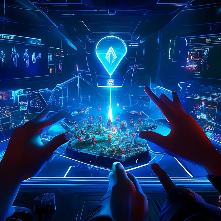 A first-person VR perspective of a player's virtual hands hovering over a miniature 3D battlefield, with one hand pinching…