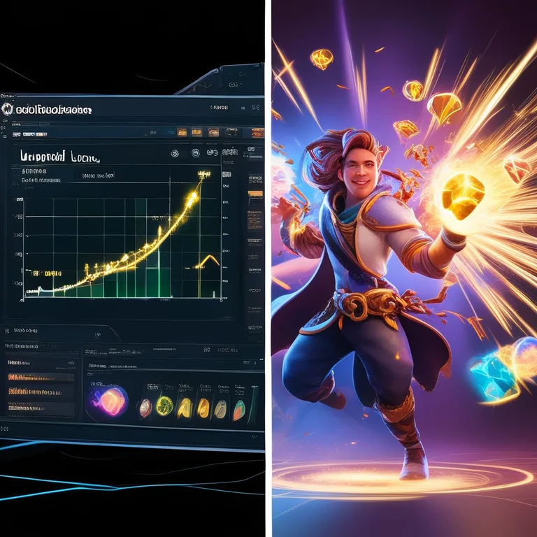 A split-screen composition with the Unity Editor on the left, featuring a dark-themed interface displaying a leveling curve…