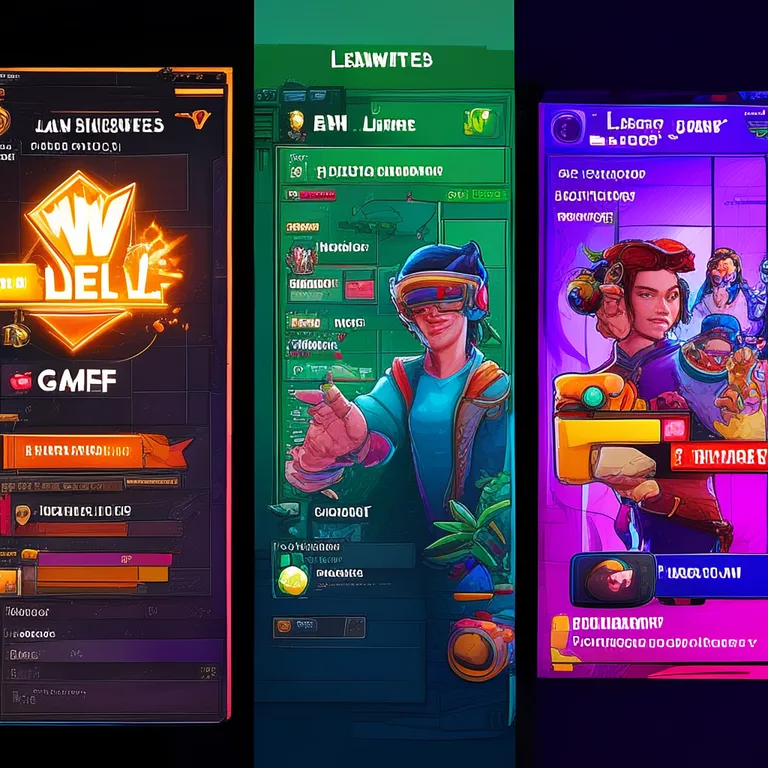 A vibrant montage of three game screens showcasing leveling systems across genres: a fantasy RPG character sheet with a…