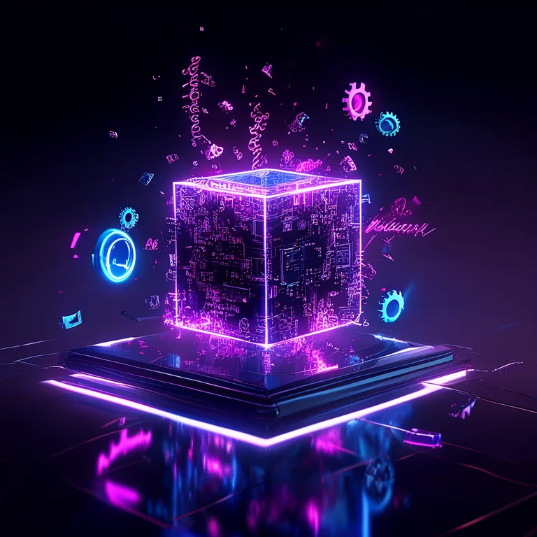 A floating luminous Unity cube bursts with neon purple circuitry, surrounded by orbiting blue gear icons and pink script…