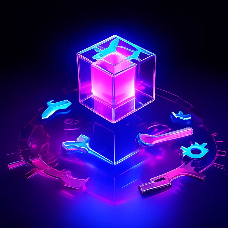 A luminous 3D Unity cube floats above a dark reflective surface, surrounded by holographic blue wrench, gear, and script…