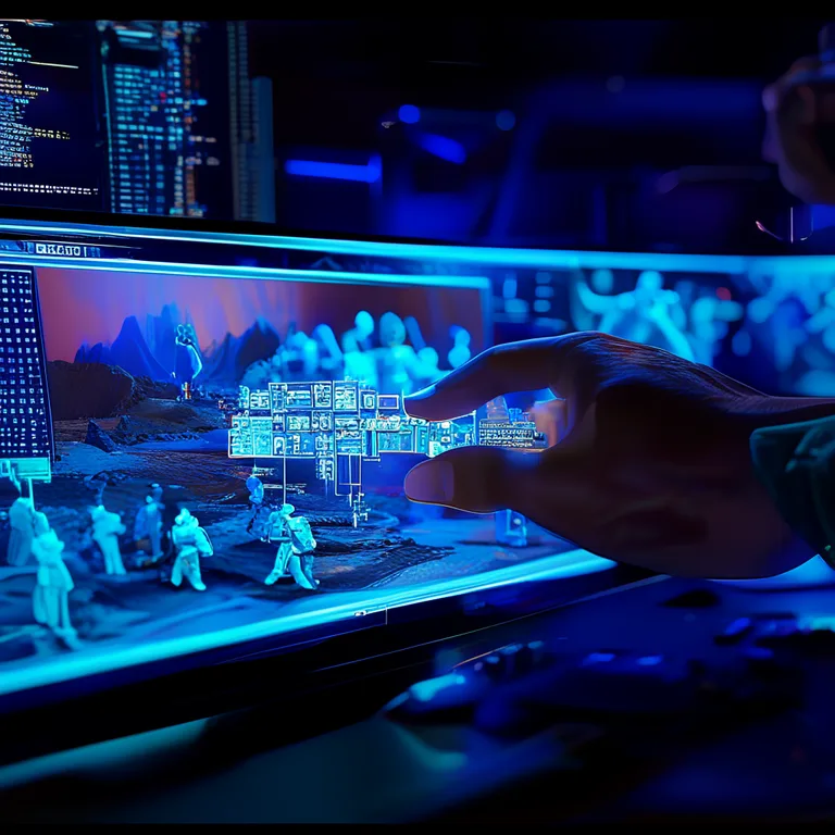 Close-up cinematic shot of a computer monitor in a dimly lit game development studio, a developer's hand dragging a glowing…