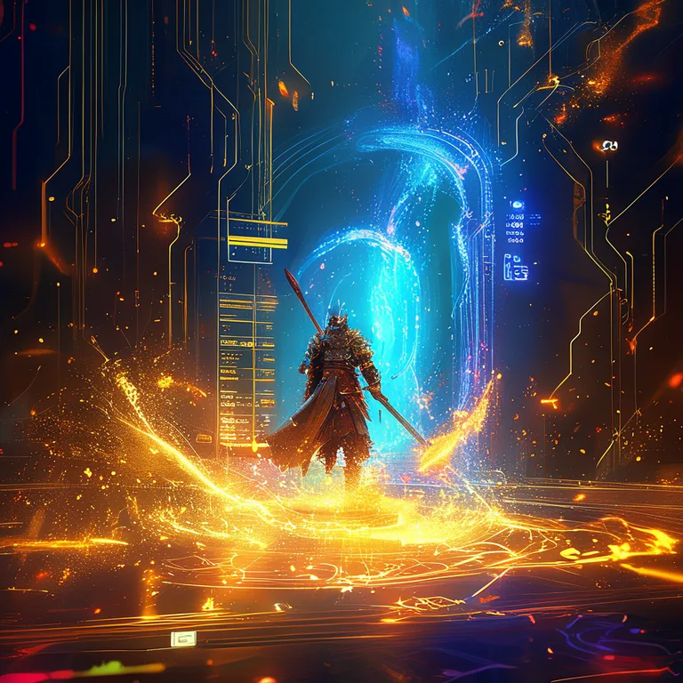Dynamic digital painting of a fantasy game scene, foreground featuring a warrior character mid-level-up surrounded by…