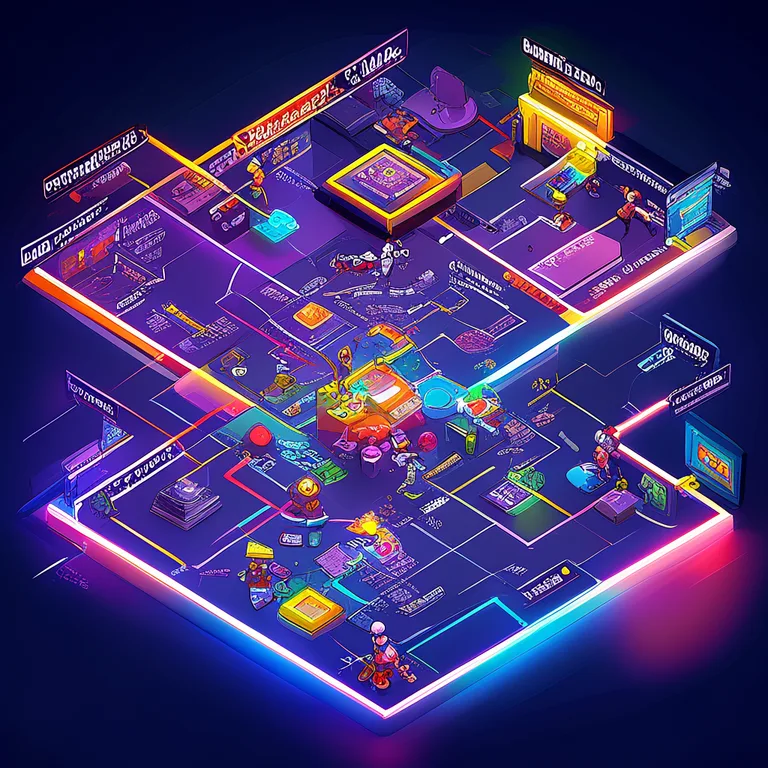A vibrant isometric view of a game development studio floor plan stylized as a game map, with distinct zones labeled…