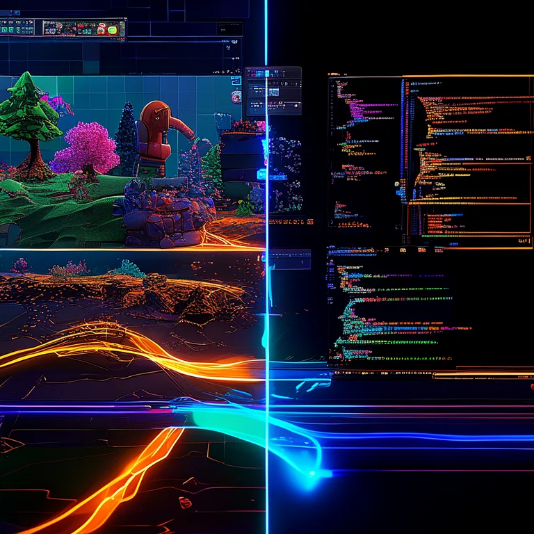A split-screen digital workspace: on the left, Unity's 3D scene editor displays a colorful game level with terrain, trees…