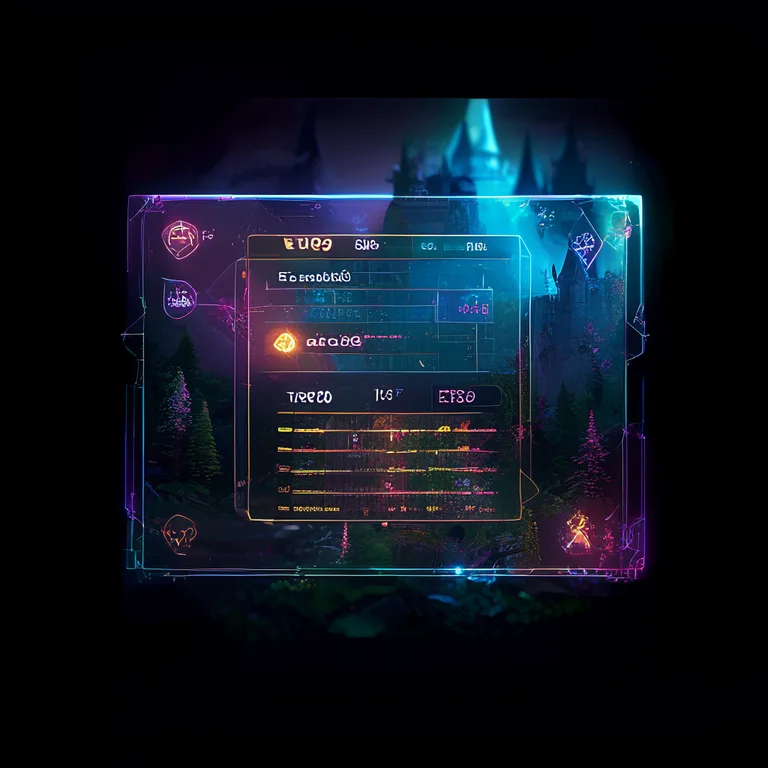 A futuristic, translucent UI panel overlaid on a blurred fantasy game background featuring a castle and forest, displaying…