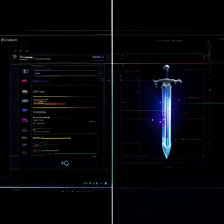 A split-screen digital illustration of a modern macOS desktop: the left half shows an Xcode window with a SwiftUI preview of…