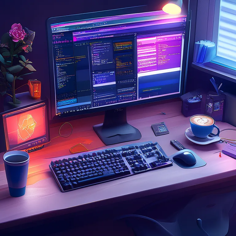 A clean, top-down flat lay of a developer's desk with a large monitor showing the IntelliJ IDEA interface with a Kotlin…