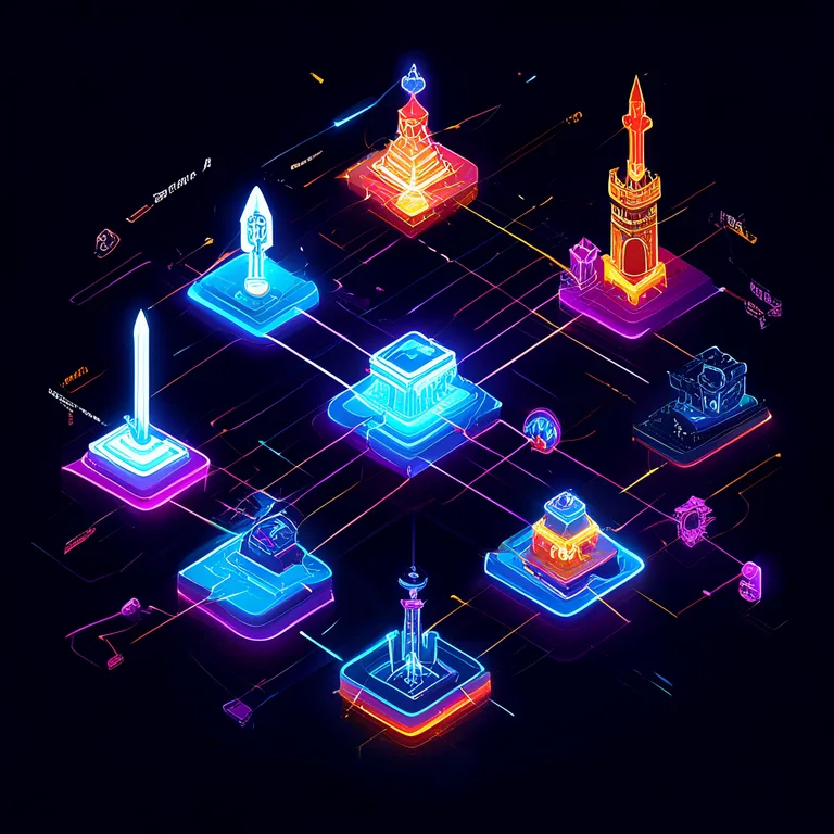 A dynamic, isometric digital illustration showing a glowing, abstract network of nodes and data streams connecting a central…
