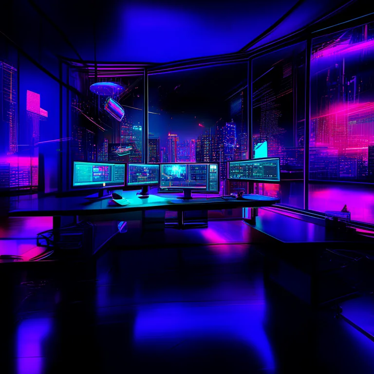A vibrant neon city game studio at night viewed through a large window, featuring a sleek desk with multiple monitors…