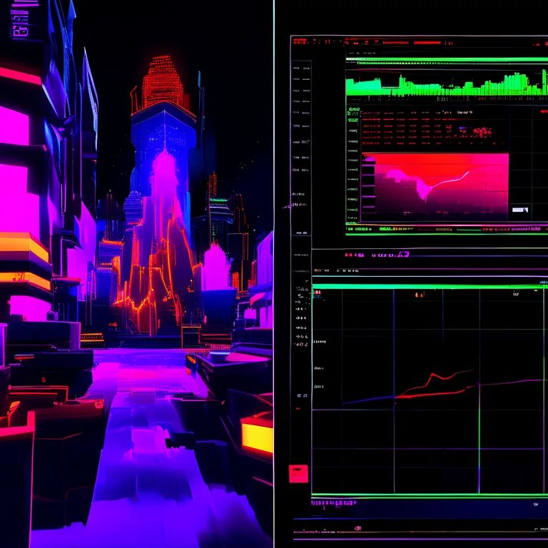 A split-screen view of the Unity Editor in dark mode, the left half showing a complex 3D game scene with vibrant neon-lit…