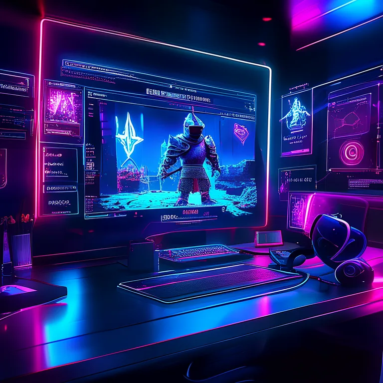 A futuristic VR developer workspace in a dark, neon-accented room, featuring a glowing holographic Unity Editor interface…