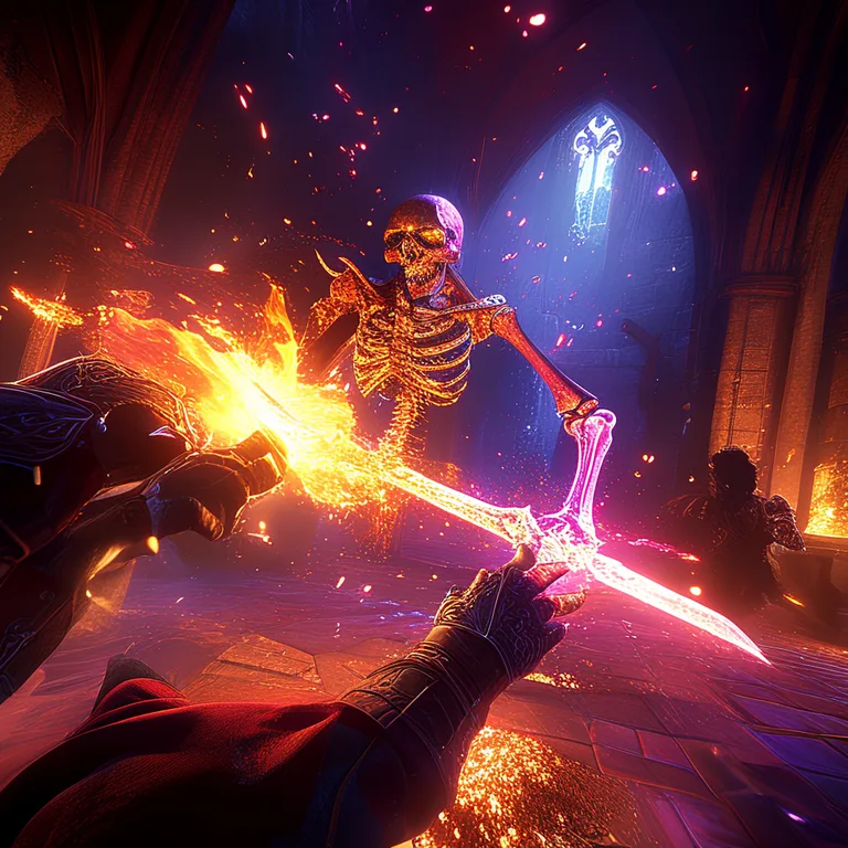 A dynamic VR action scene from Redemptions Guild, first-person perspective of a warrior's gauntleted hands casting a blazing…