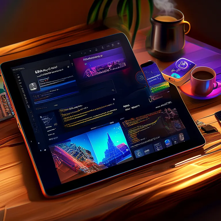 A modern tablet on a warm wooden desk displaying a Unity Android development course interface, with a video tutorial on the…