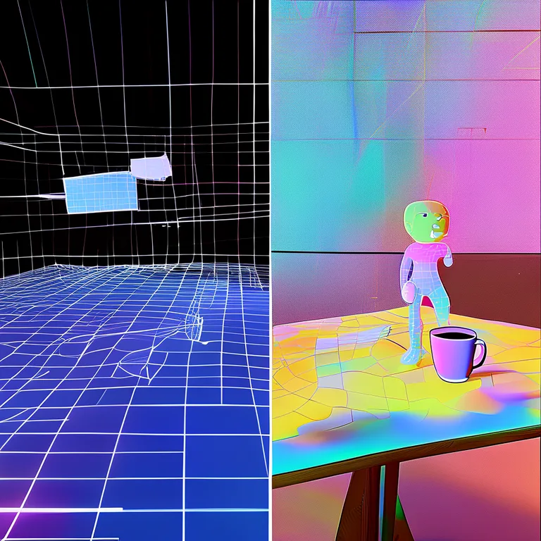 A split-screen comparison image: on the left, a Unity scene view showing wireframe plane meshes floating in a digital grid…