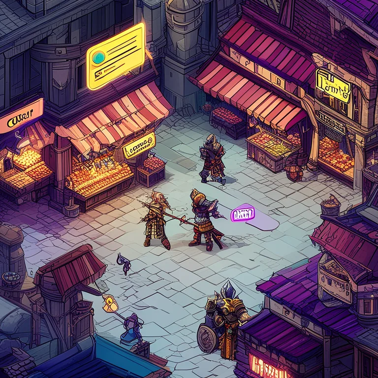 A vibrant isometric view of a bustling fantasy RPG town square in a stylized, colorful indie-RPG art style, where a knight…
