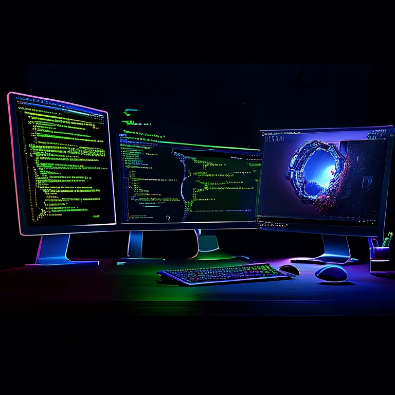A dimly lit developer workspace featuring dual monitors, the left screen displaying a clean C# script in Visual Studio with…