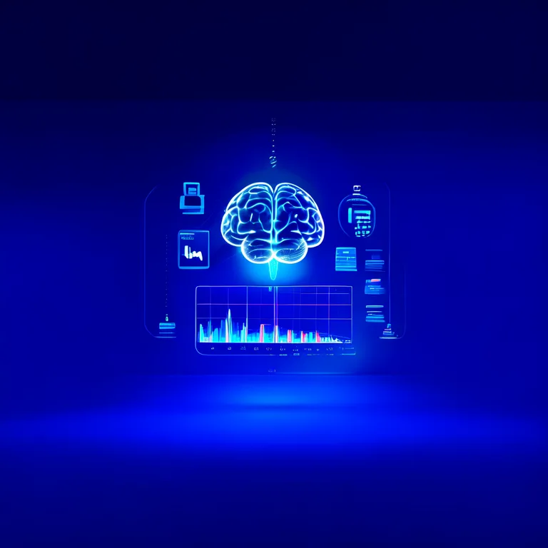 A clean, futuristic digital workspace on a dark blue gradient background, where a glowing translucent AI brain hovers…