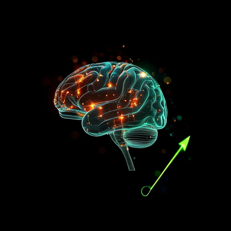 A conceptual digital illustration of a translucent wireframe human brain in profile view, glowing with orange and cyan data…