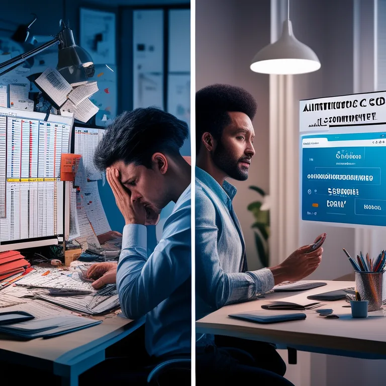 A split-screen comparison: on the left, a stressed marketer is buried in spreadsheets and keyword tools at a chaotic desk…