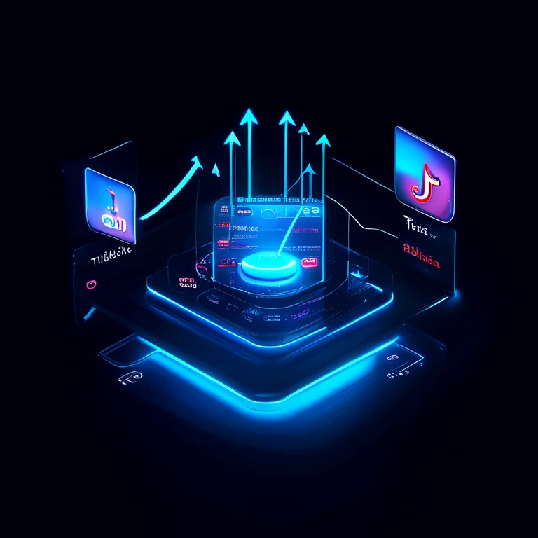A futuristic marketing dashboard UI on a dark background, featuring a central glowing blog post icon that branches out into…
