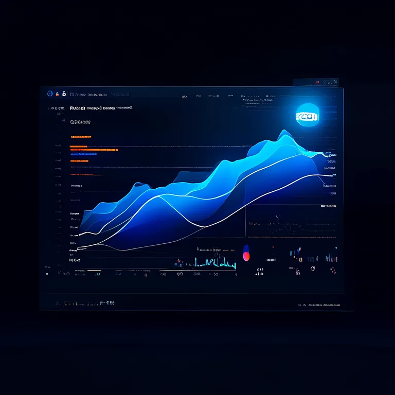 A sleek dark-mode analytics dashboard interface displaying Google Search Console metrics with glowing blue and orange data…