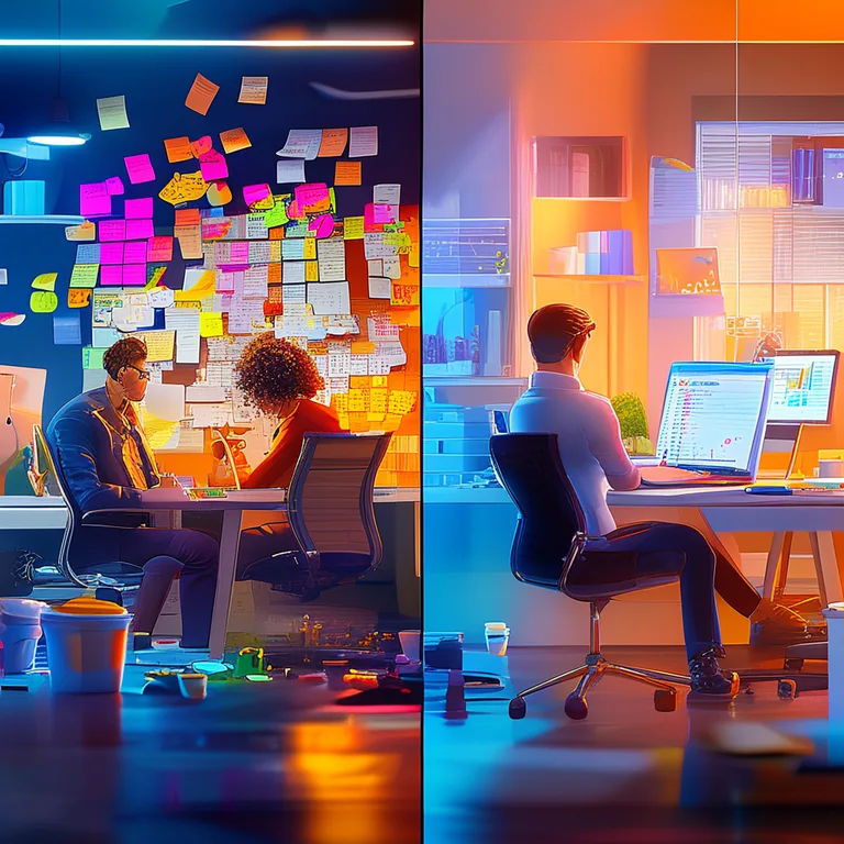 Split-screen comparison: left side shows a chaotic office with three stressed marketers surrounded by sticky notes…