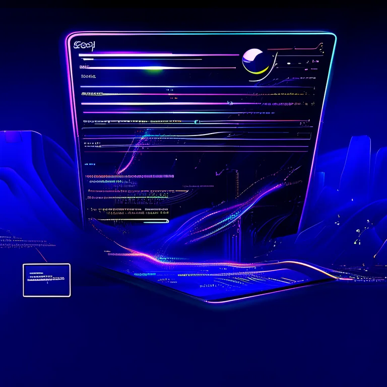 Futuristic SERP visualization with a prominent AI Overview box at the top of search results, glowing data streams flowing…