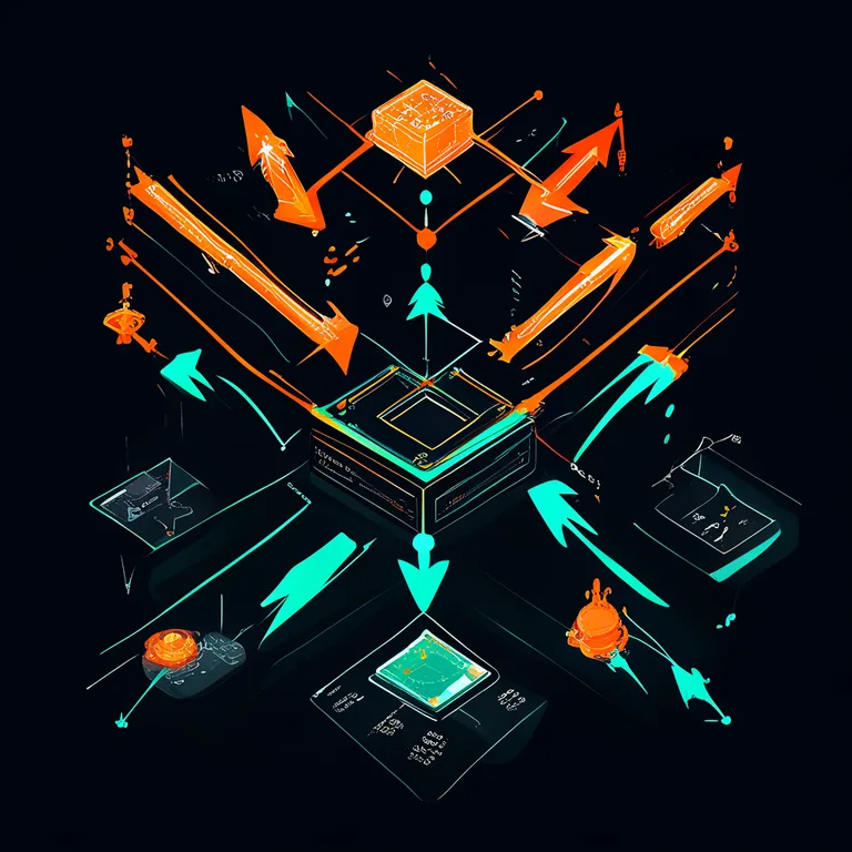 A flat vector architectural diagram on a dark background illustrating a Unity multiplayer object pooling system, with a central pool manager box containing pre-instantiated projectile and enemy objects, orange and teal arrows flowing outward to active game scene nodes and back again to indicate spawn and despawn cycles, and a small performance graph overlay in the corner showing reduced garbage collection spikes as a smooth teal line.