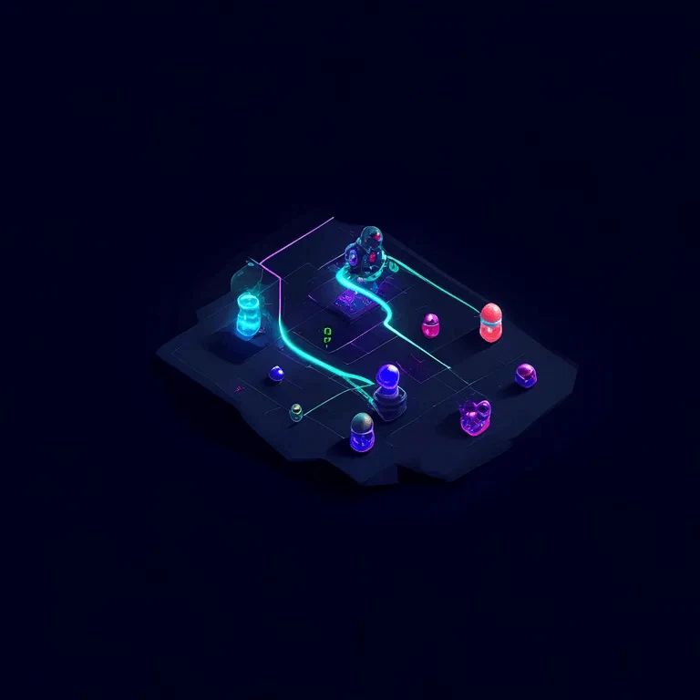 An isometric top-down view of a Unity multiplayer game scene on a dark navy background, featuring a server-authoritative AI enemy with a glowing blue NavMeshAgent path line winding across the terrain, multiple player characters represented as clean colored capsules, and a translucent debug overlay panel displaying NetworkVariable sync status indicators, all rendered in crisp vector shapes with cyan and magenta accents.