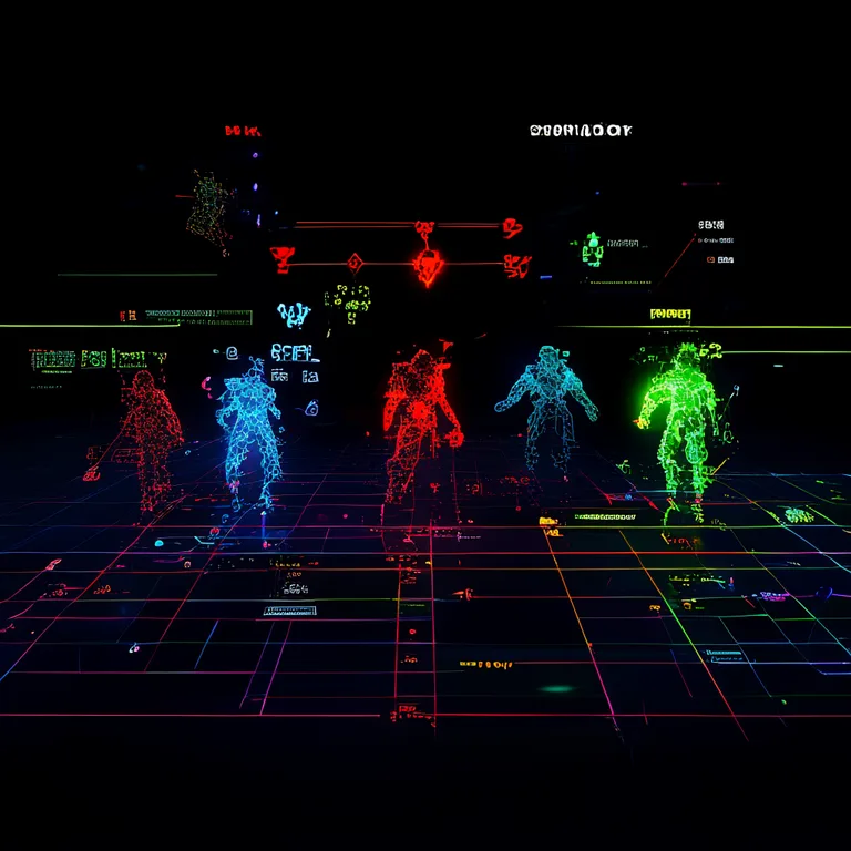 A Unity Editor Scene view in multiplayer play mode showing three spawned RPG characters marked with red, blue, and yellow player indicators, floating network ownership icons hovering above each character, and green server-side and orange client-side object highlights overlaid on the scene hierarchy, all set in a dark-themed editor with grid floor and gizmos, technical documentation aesthetic with clean annotations.