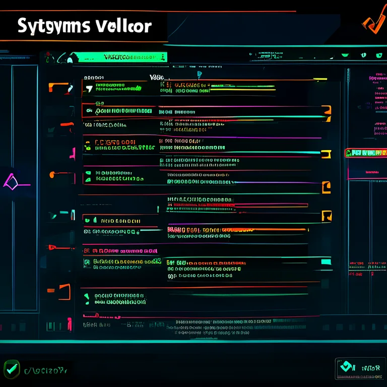 A custom Unity Editor window titled 'Systems Validator' displaying a scrollable list of validation rules for leveling curves and object pooling budgets, each row marked with a bright green checkmark or a red error icon, alongside summary counters and a 'Validate All' button, rendered in a clean modern dark-themed UI with cyan and amber accent colors, professional game development tool aesthetic.