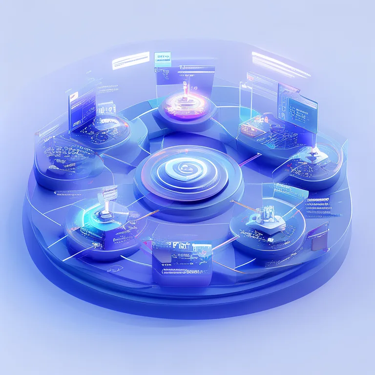 A clean, modern SaaS-style dashboard interface displaying a multi-agent AI SEO pipeline as six connected nodes labeled Research, Strategy, Writing, Audit, Publishing, and Learning, arranged in a circular loop with glowing data streams flowing between them, rendered in professional blue and gray tones with subtle depth and soft shadows.