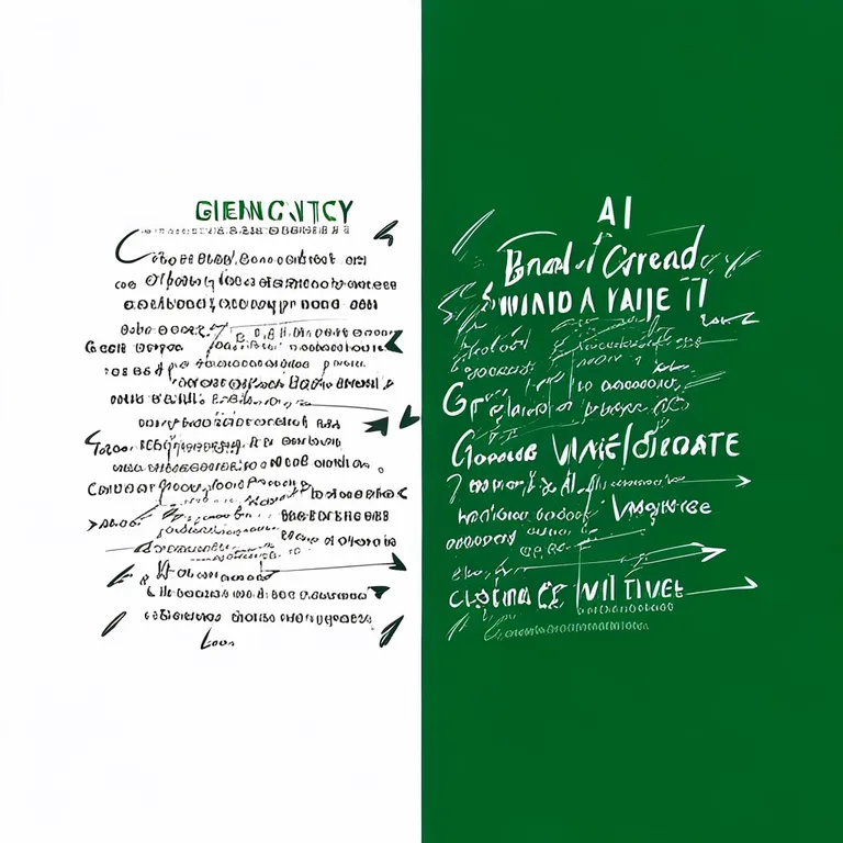 A split-screen comparison on a clean white background showing two versions of the same article side by side, the left labeled 'Generic AI' with bland corporate phrases highlighted in gray and the right labeled 'Brand Voice' with sharp, opinionated phrases highlighted in green, accented by subtle handwritten-style annotations and callout arrows.